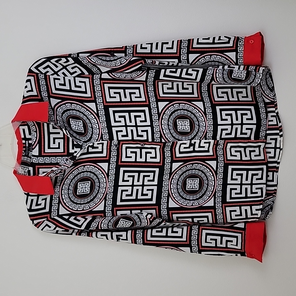 Fashion Nova Red, Black & White Geometric Blouse L